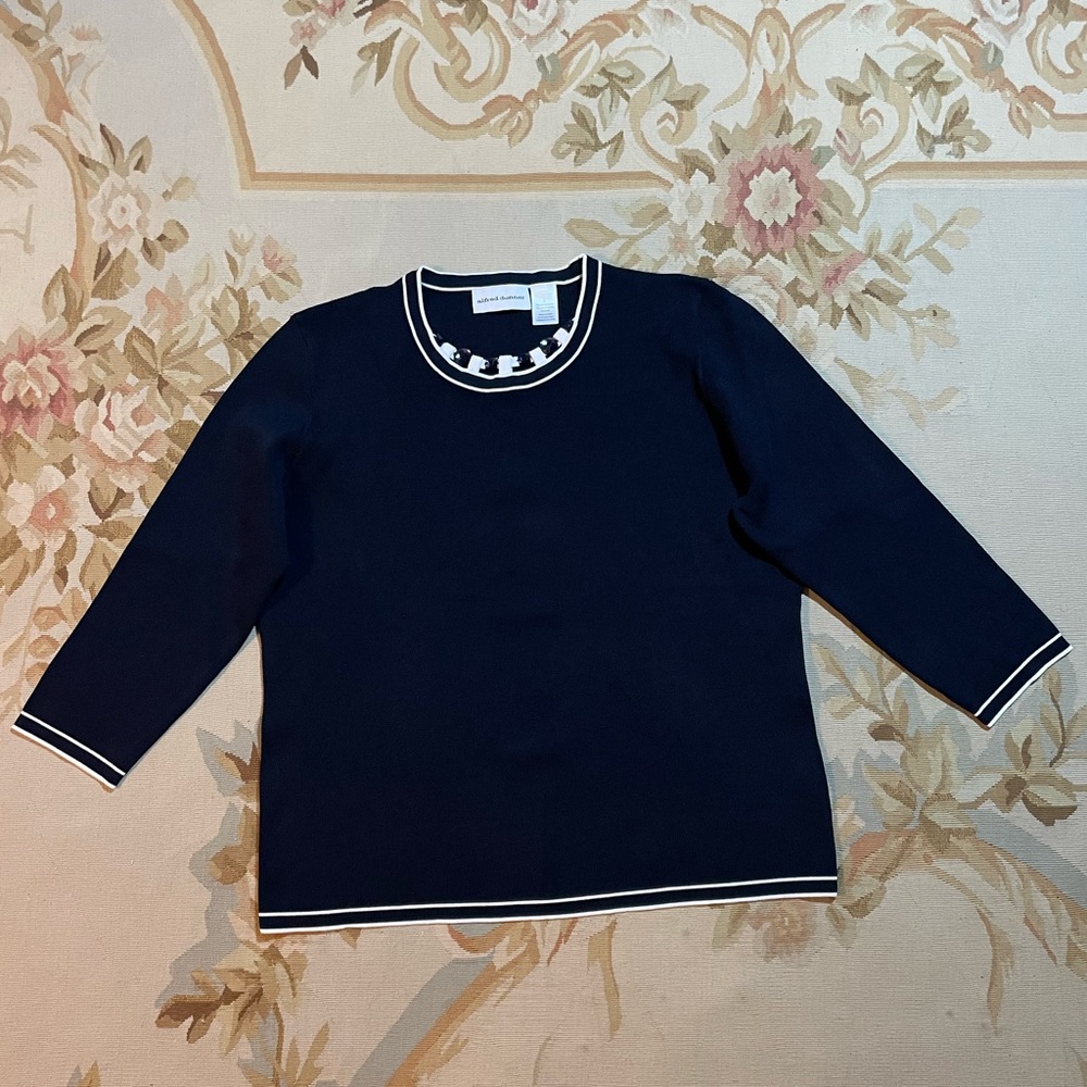Navy blue and white Alfred Dunner jeweled crewneck sweater size large